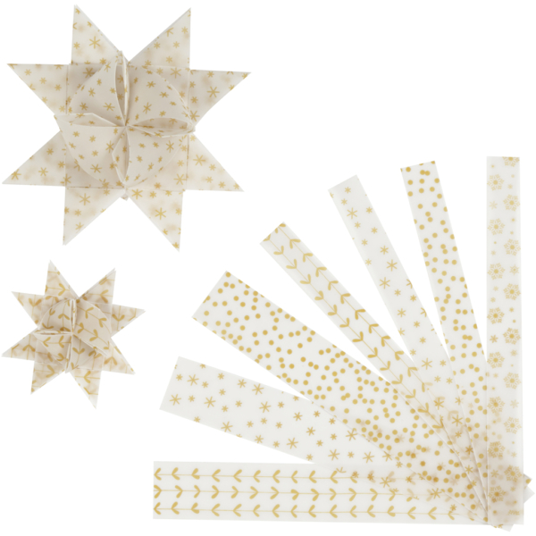 Papierstreifen für Fröbelsterne, L 44+78 cm, D 6,5+11,5 cm, B 15+25 mm, Gold, Weiß, 48 Streifen/ 1 Pck