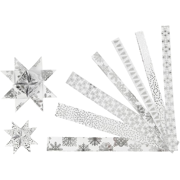 Papierstreifen für Fröbelsterne, L 44+78 cm, B 15+25 mm, D 6,5+11,5 cm, Silber, Weiß, 48 Streifen/ 1 Pck