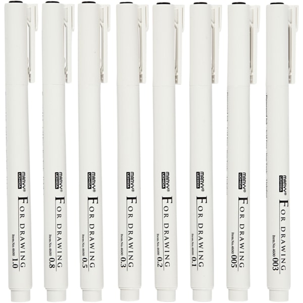 Fine Line Marker - Sortiment, Strichstärke 0,03+0,05+0,1+0,2+0,3+0,5+0,8+1,0 mm, Schwarz, 8 Stk/ 1 Pck