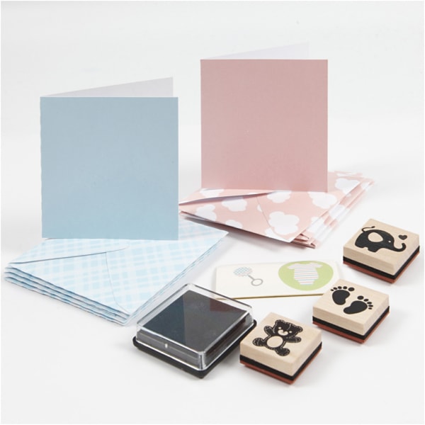 Karten- und Stempel-Set, Hellblau, Rosa, 1 Set