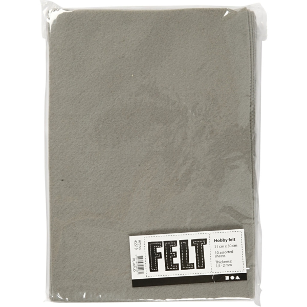 Bastelfilz, A4, 210x297 mm, Dicke 1,5-2 mm, Grau, 10 Bl./ 1 Pck – Bild 2