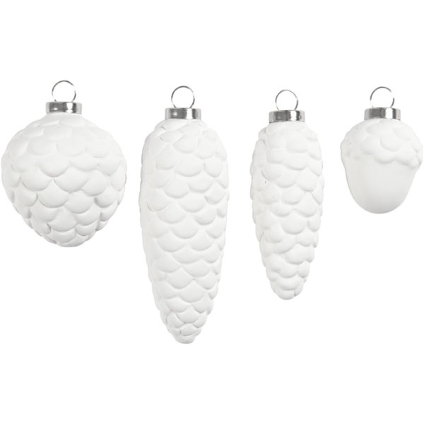 Hängende Zapfen, H 3,5+5+6,6+8,5 cm, D 2,5+3+4,5 cm, Weiß, 4 Stk/ 1 Pck