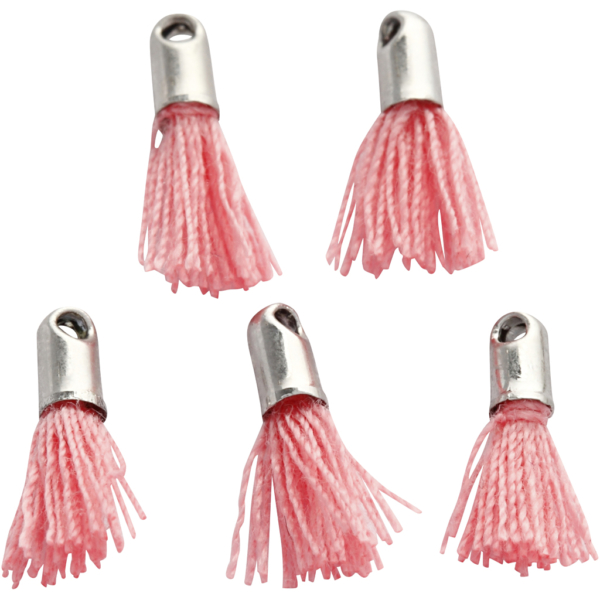 Baumwoll-Troddel, L 10 mm, Lochgröße 1 mm, Rosa, 5 Stk/ 1 Pck