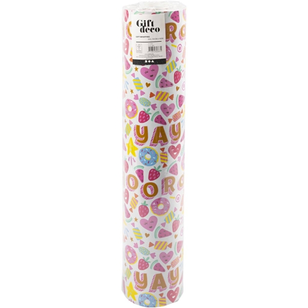 Geschenkpapier, Süßigkeiten, Früchte und Donuts, B 50 cm, 80 g, Helltürkis, 100 m/ 1 Rolle – Bild 2