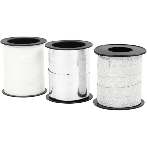 Kräuselband, B 10 mm, Silber, Glitter silber, Weiß, 3x15 m/ 1 Pck – Bild 2