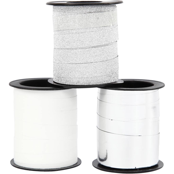 Kräuselband, B 10 mm, Silber, Glitter silber, Weiß, 3x15 m/ 1 Pck – Bild 3
