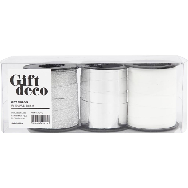 Kräuselband, B 10 mm, Silber, Glitter silber, Weiß, 3x15 m/ 1 Pck – Bild 4