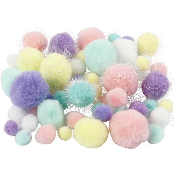 Pompons, D 15-40 mm, Glitter, Pastellfarben, 62 g/ 1 Pck