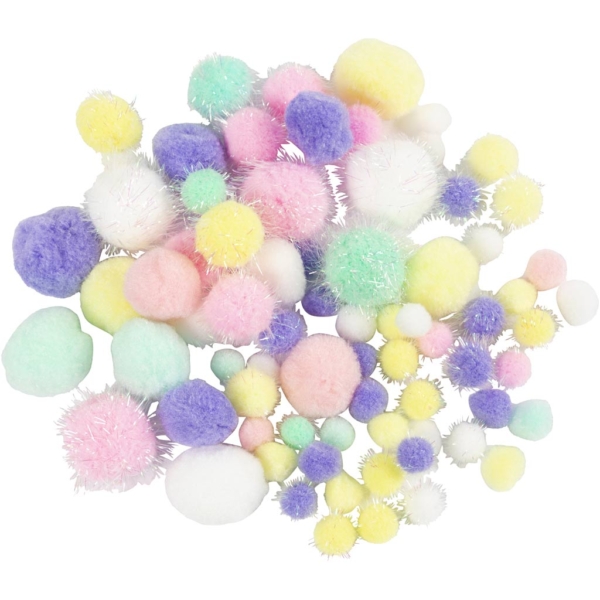 Pompons, D 15-40 mm, Glitter, Pastellfarben, 62 g/ 1 Pck – Bild 2
