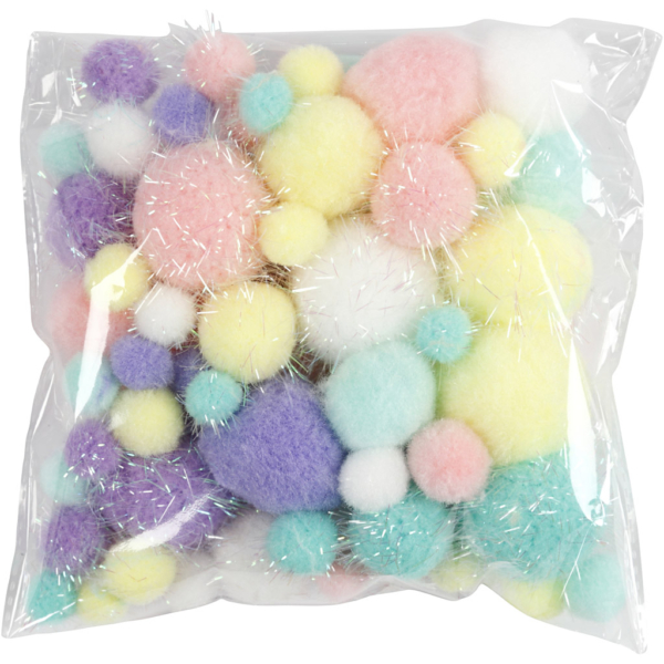 Pompons, D 15-40 mm, Glitter, Pastellfarben, 62 g/ 1 Pck – Bild 3
