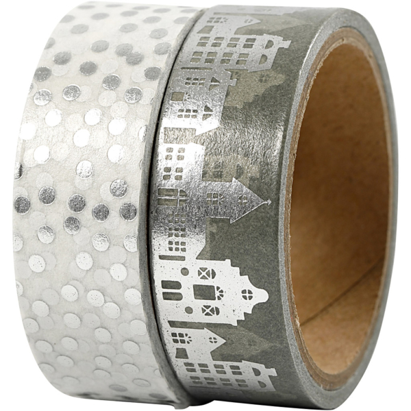 Washi Tape, Häuser & Punkte - Folie, B 15 mm, Silber, 2x4 m/ 1 Pck – Bild 3