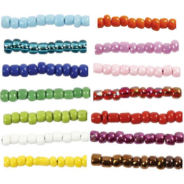Rocailleperlen, D 3 mm, Größe 8/0 , Lochgröße 0,6-1,0 mm, Sortierte Farben, 14x25 g/ 1 Pck
