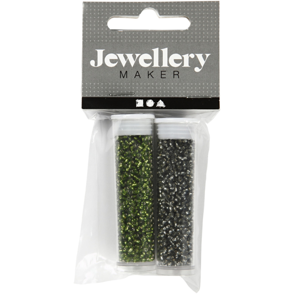 Rocailleperlen, D 1,7 mm, Größe 15/0 , Lochgröße 0,5-0,8 mm, Grasgrün, Graugrün, 2x7 g/ 1 Pck – Bild 2
