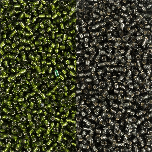 Rocailleperlen, D 1,7 mm, Größe 15/0 , Lochgröße 0,5-0,8 mm, Grasgrün, Graugrün, 2x7 g/ 1 Pck – Bild 3