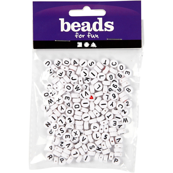 Buchstaben-Perlen, Größe 7 mm, Lochgröße 1,2 mm, Weiß, 25 g/ 1 Pck – Bild 2