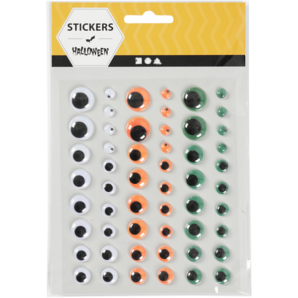 Wackelaugen, selbstklebend, D 6+8+10+12+15 mm, Grün, Orange, Weiß, 1 Bl., 54 Stck. – Bild 2