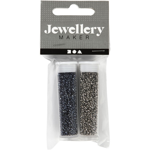 Rocailleperlen, D 1,7 mm, Größe 15/0 , Lochgröße 0,5-0,8 mm, Schwarz, Metallic-Hellgrau, 2x7 g/ 1 Pck – Bild 2