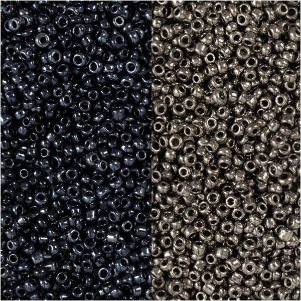 Rocailleperlen, D 1,7 mm, Größe 15/0 , Lochgröße 0,5-0,8 mm, Schwarz, Metallic-Hellgrau, 2x7 g/ 1 Pck – Bild 3