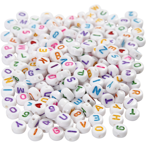 Buchstaben-Perlen, Größe 7 mm, Lochgröße 1,2 mm, Weiß, 200 g/ 1 Pck