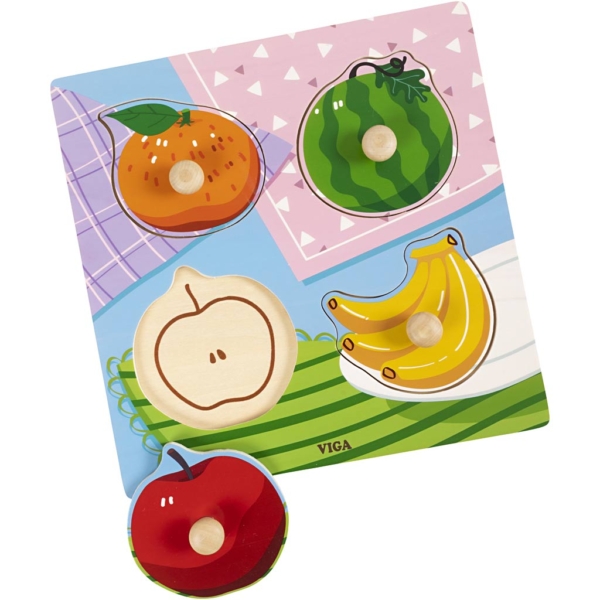 VIGA Puzzle mit Greifknöpfen, Früchte, Größe 22x22 cm, 1 Stk, 4 Stücke