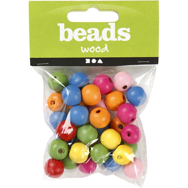 Holzperlen, D 12 mm, Lochgröße 2,5-3 mm, Sortierte Farben, 22 g/ 1 Pck – Bild 2