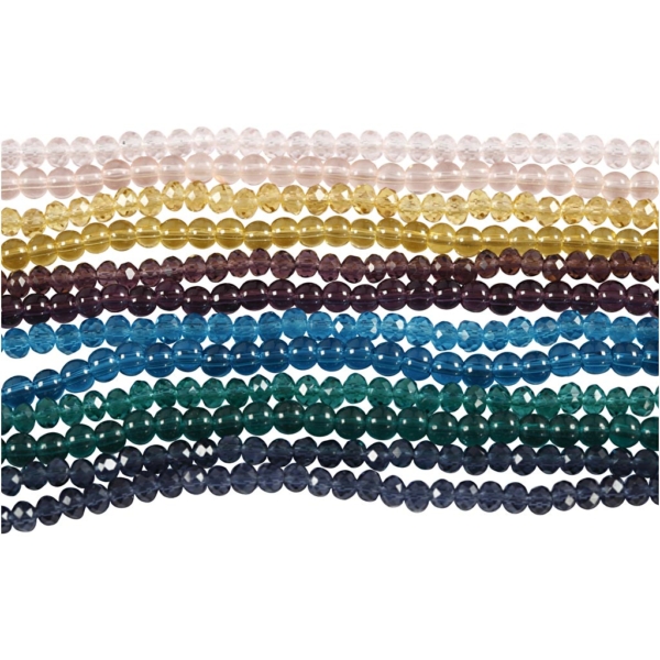 Glas- und Facettperlen - Sortiment, D 4 mm, Lochgröße 1 mm, 12x45 Stk/ 1 Pck