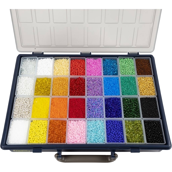 Rocailleperlen, D 1,7+3+4 mm, Größe 6/0+8/0+12/0 , Lochgröße 0,5-1,2 mm, Farbe kann variieren , 32x100 g/ 1 Pck