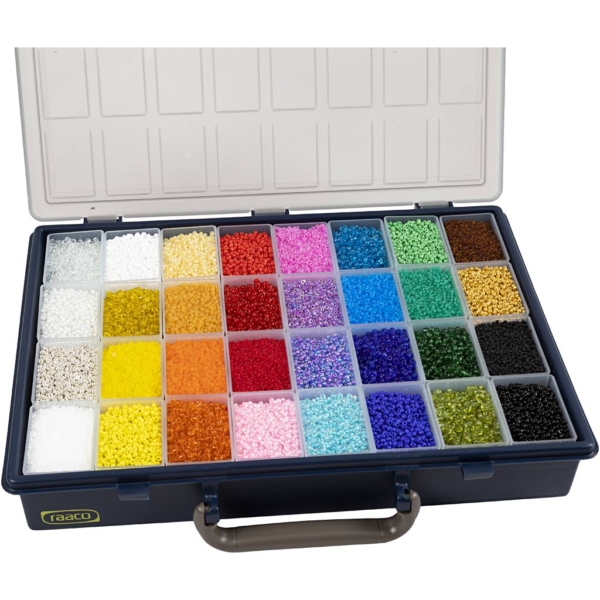 Rocailleperlen, D 1,7+3+4 mm, Größe 6/0+8/0+12/0 , Lochgröße 0,5-1,2 mm, Farbe kann variieren , 32x100 g/ 1 Pck – Bild 2