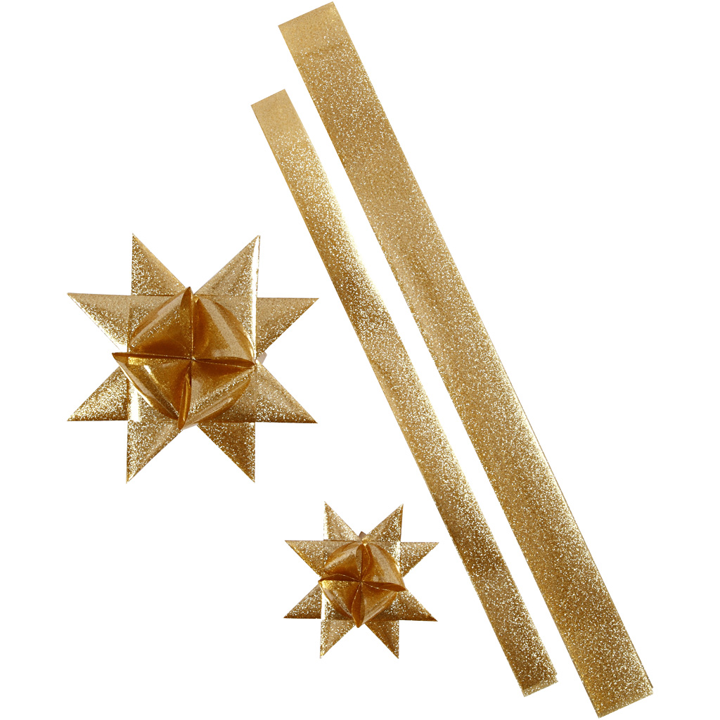 Papierstreifen für Sterne, L 86+100 cm, B 25+40 mm, D 11,5+18,5 cm, Gold mit Glitter, 16 Streifen/ 1 Pck
