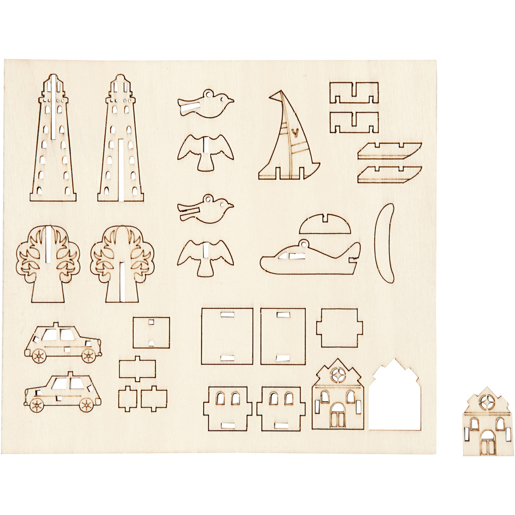 Zusammensteckbare Holzfiguren, Alltagsgegenstände, L 15,5 cm, B 17 cm, Dicke 3 mm, 1 Pck